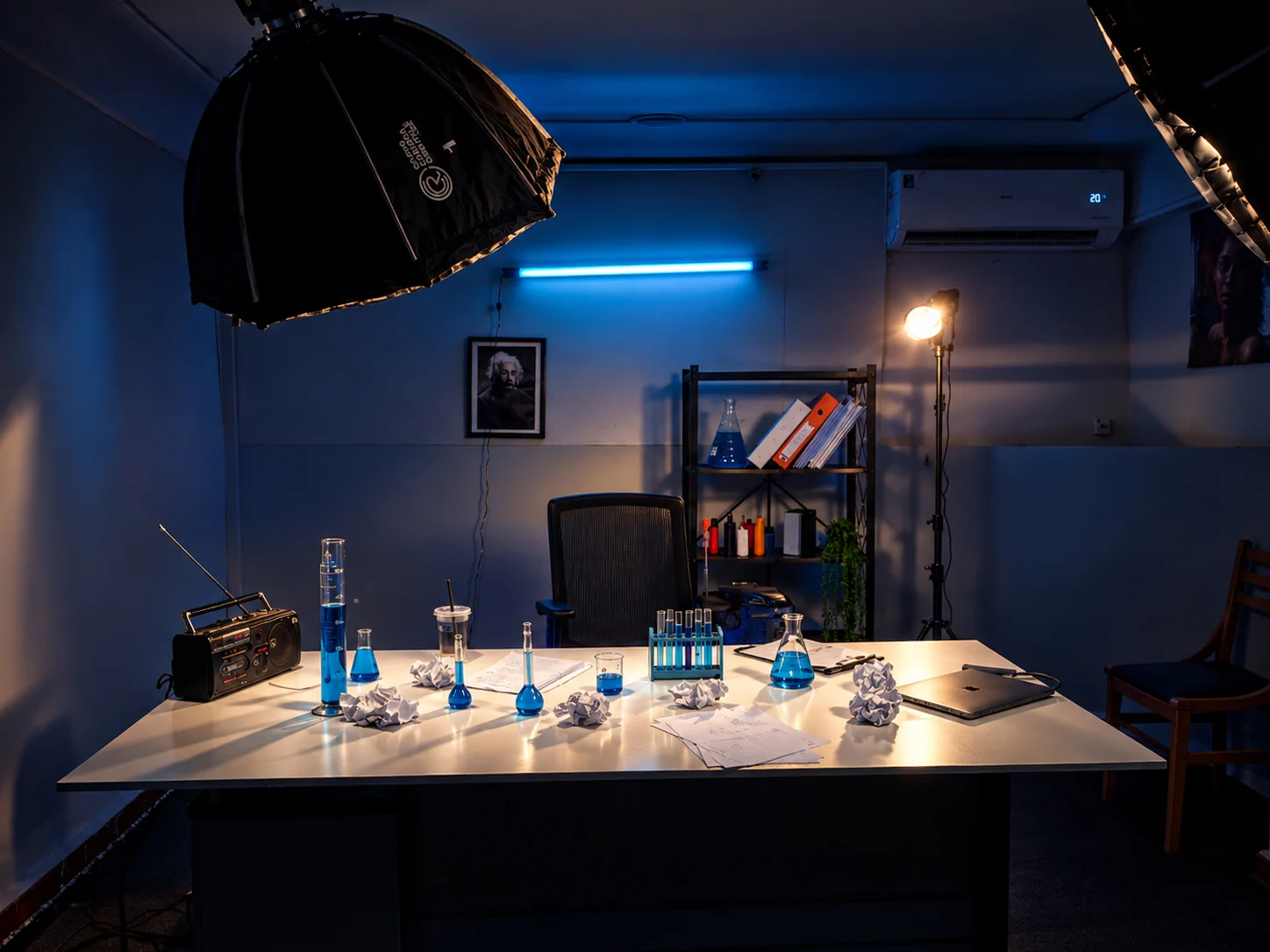Laboratory scene with glassware, blue liquids, shelving and visible studio lights