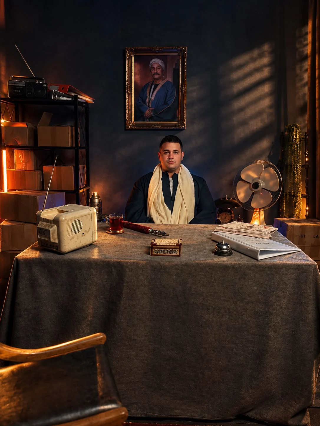 A seated subject framed by the furnished vintage office