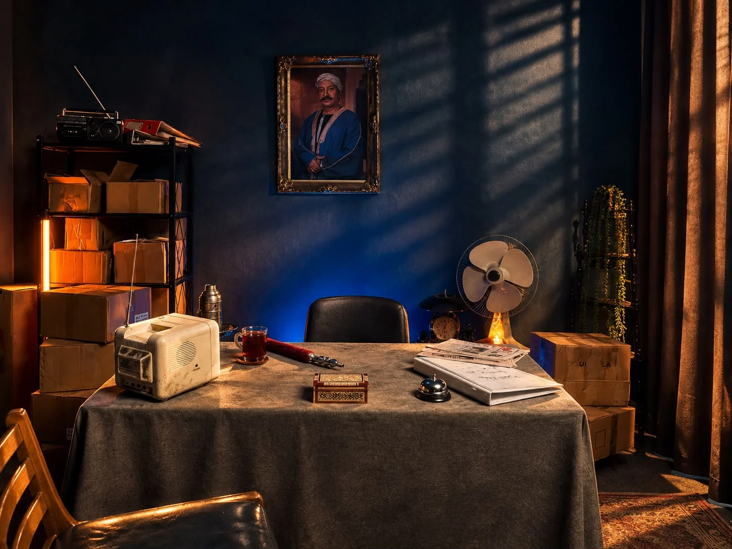 Office scene with a vintage radio, desk fan, parcels and blue and amber light