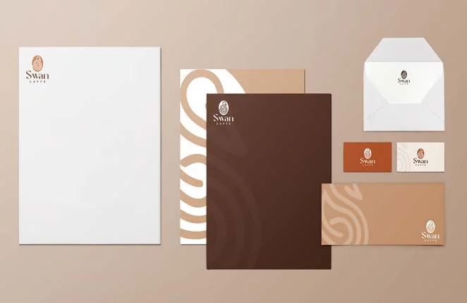 Swan Café stationery with coordinated colors and logo