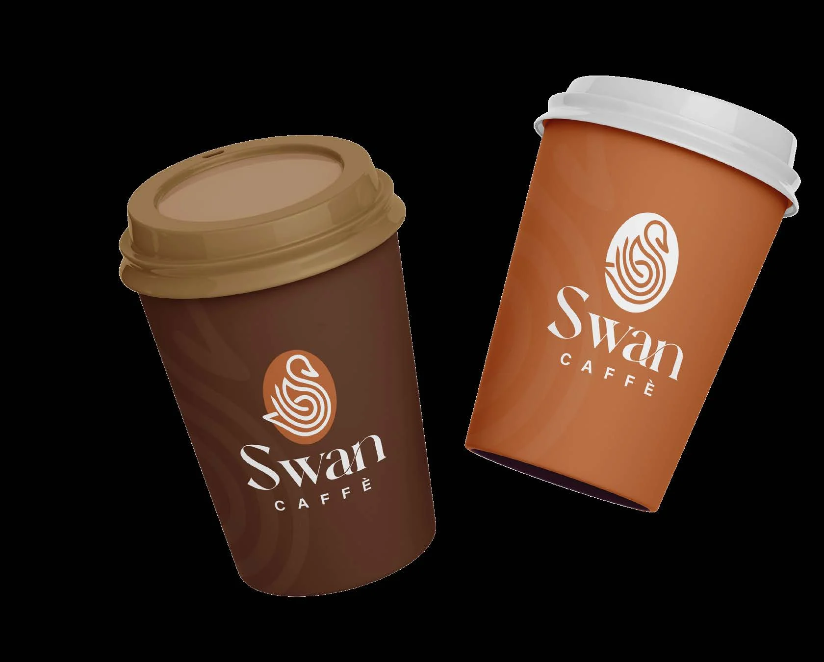 Two Swan Café takeaway cups with brown and terracotta branding