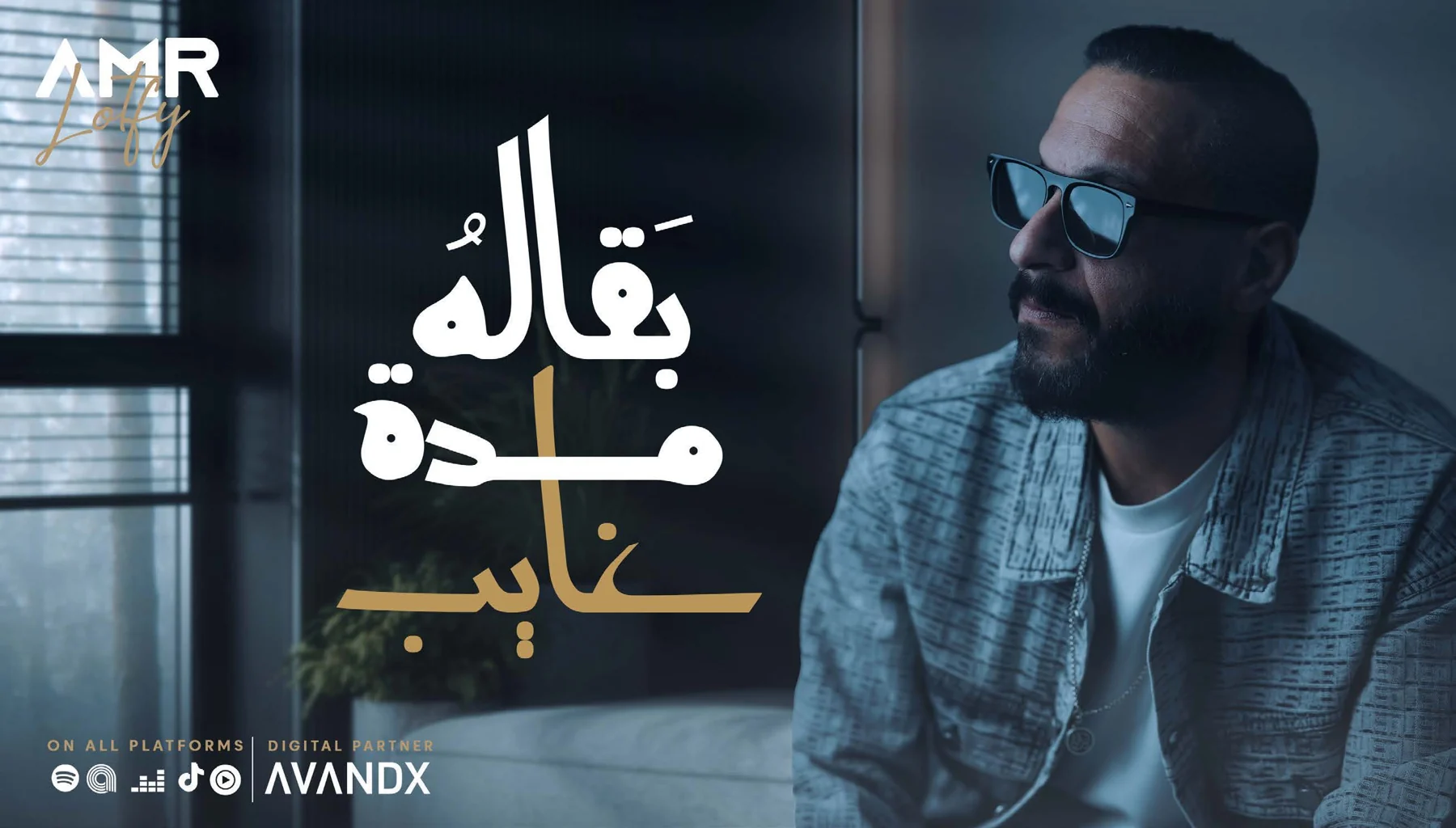 Music artwork with a seated male artist and expressive Arabic lettering