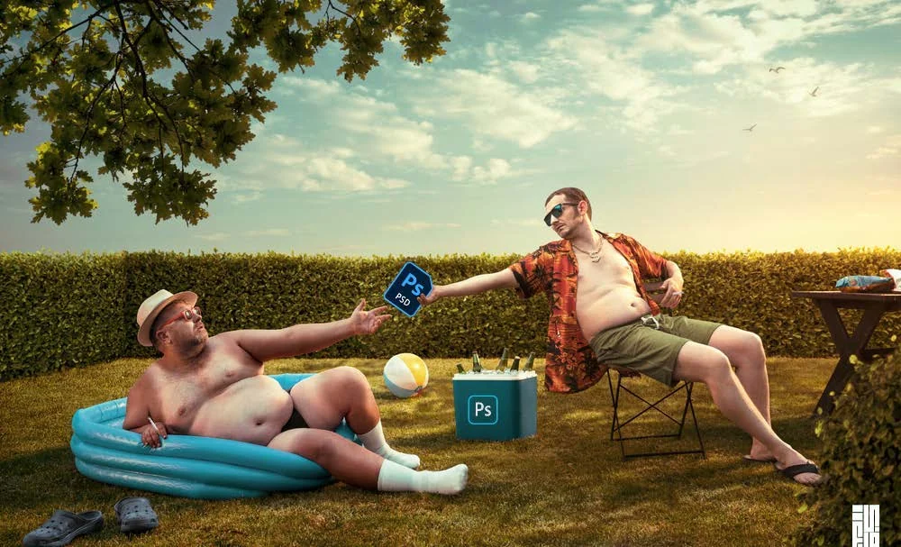 Surreal outdoor picnic composition in a sunlit landscape