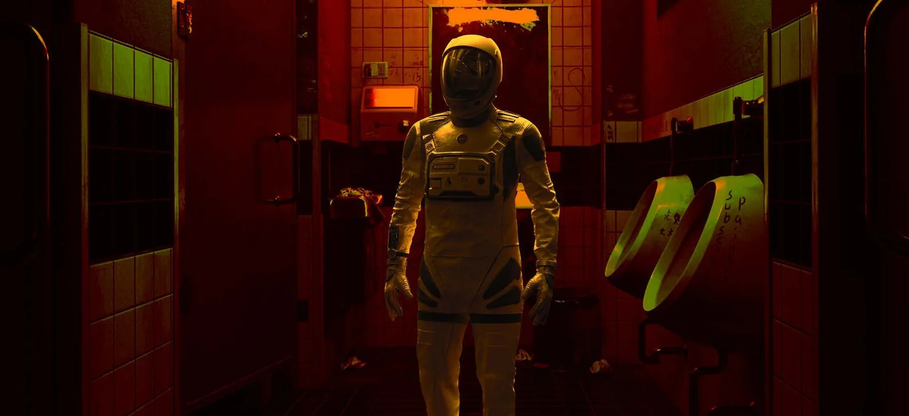 An astronaut standing in a dramatic red and yellow interior
