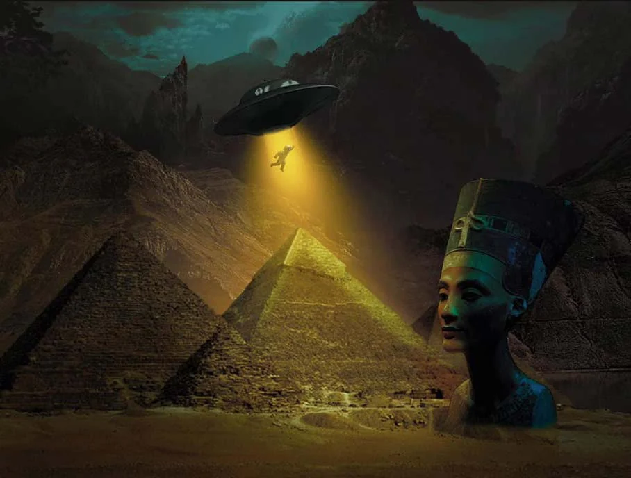 A surreal scene combining pyramids, a sculpted head and a light from above